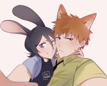 Rule 34 | 1boy, 1girl, bleach, blush, cosplay, fox boy, highres, hug, jellyribbons, judy hopps, judy hopps (cosplay), kuchiki rukia, kurosaki ichigo, nick wilde, nick wilde (cosplay), police, police uniform, policewoman, smile, zootopia