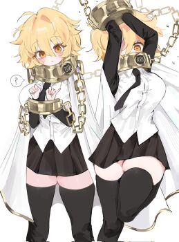 1girl :< ? a73398190 arms_up black_necktie black_skirt black_sleeves black_thighhighs blonde_hair breasts cape chain collar collared_shirt corrupted_twitter_file cuffs cuffs-to-collar don_quixote_(project_moon) empty_eyes hair_between_eyes highres index_(identity)_(project_moon) large_breasts limbus_company looking_at_viewer messy_hair metal_collar multiple_views necktie orange_eyes project_moon shaded_face shirt short_hair simple_background skirt speech_bubble spoken_question_mark thick_thighs thighhighs thighs white_background white_cape white_shirt zettai_ryouiki