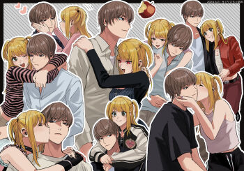 Rule 34 | 1boy, 1girl, amane misa, black choker, black shirt, black tracksuit, blonde hair, blush, brown eyes, brown hair, choker, closed eyes, commentary request, death note, dress shirt, heart, heart print, highres, jacket, kasuya86, kiss, kissing cheek, leather, leather jacket, long hair, multiple costumes, multiple views, one eye closed, shirt, short hair, smile, striped clothes, striped shirt, track jacket, twintails, white shirt, yagami light