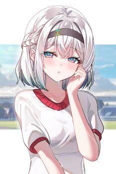 1girl alternate_costume alternate_hairstyle aqua_eyes black_hairband braid breasts collarbone devl_ga_aru firefly_(honkai:_star_rail) gradient_eyes gradient_hair green_hair grey_hair hair_between_eyes hair_ornament hairband highres honkai:_star_rail honkai_(series) looking_at_viewer medium_breasts multicolored_eyes multicolored_hair open_mouth pink_eyes shirt short_hair short_sleeves solo upper_body white_shirt