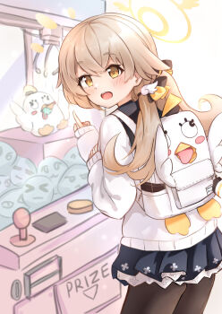 backpack bag black_leggings blue_archive blush crane_game from_behind halo hifumi_(blue_archive) highres leggings long_hair looking_back low_twintails ohbuya open_mouth peroro_(blue_archive) pleated_skirt school_uniform skirt twintails yellow_eyes