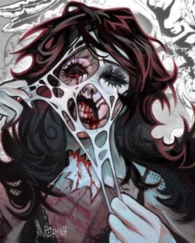 1girl abstract_background artist_name bare_shoulders black_bra black_hair black_lips black_nails blood blood_from_mouth blood_from_neck blood_on_neck bra breasts cleavage clenched_teeth colored_skin commentary creepypasta english_commentary eyelashes fingernails furrowed_brow grey_background hair_over_shoulder hands_up hollow_eyes horror_(theme) jane_the_killer lace lace-trimmed_bra lace_trim long_fingernails long_hair looking_at_viewer nail_polish nosebleed portrait pulling reamina_art simple_background small_breasts solo teeth two-tone_background underwear uneven_eyes white_background white_skin