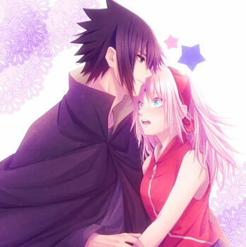 1boy 1girl absurdres black_cape black_eyes black_hair blush cape closed_mouth couple facial_mark forehead_mark green_eyes hairband haruno_sakura hetero highres long_hair long_sleeves looking_at_another mochiii-s naruto_(series) naruto_shippuuden open_mouth pink_hair red_hairband red_shirt shirt short_hair sleeveless sleeveless_shirt smile star_(symbol) teeth uchiha_sasuke upper_body zipper_pull_tab