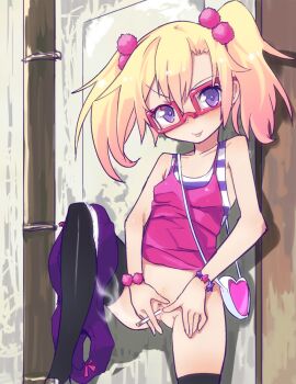 1girl :p bag black_thighhighs blonde_hair blush breasts caburi caburi_aki censored cigarette cigarette_in_pussy female_pubic_hair glasses holding holding_cigarette jewelry object_insertion panties panties_around_leg pointless_censoring pubic_hair purple_eyes pussy pussy_juice pussy_smoking red-framed_eyewear skirt skirt_around_one_leg small_breasts smile spread_pussy tank_top thighhighs tongue tongue_out twintails underwear vaginal vaginal_object_insertion vaginal_smoking