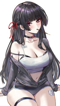 1girl alternate_costume atiarta7 black_bra black_choker black_hair black_shorts blush bra bra_peek breasts chisa_(wuthering_waves) choker chromatic_aberration cleavage collarbone commentary crop_top dolphin_shorts food food_in_mouth grey_jacket hair_ribbon hashtag-only_commentary highres jacket large_breasts long_hair looking_at_viewer navel partially_unbuttoned pocky pocky_in_mouth red_eyes red_ribbon ribbon shirt shorts simple_background single_off_shoulder sitting solo stomach strap_slip tacet_mark_(wuthering_waves) thigh_strap thighs underwear very_long_hair white_background white_shirt wuthering_waves
