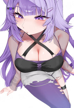 1girl absurdres ahoge alternate_hair_length_(longer) animal_ear_fluff animal_ears black_jacket blush breasts cat_ears cat_girl cat_tail cleavage collarbone commentary_request crop_top hair_ornament highres hololive jacket large_breasts long_hair long_sleeves looking_at_viewer nekomata_okayu nekomata_okayu_(gyaru) official_alternate_costume official_alternate_hairstyle open_mouth pantyhose purple_eyes purple_hair purple_jacket purple_pantyhose sakurada_327 short_shorts shorts simple_background single_thighhigh solo tail thighhighs torn_clothes torn_shorts two-sided_fabric two-sided_jacket very_long_hair virtual_youtuber white_background white_shorts
