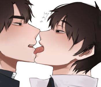 2boys aegyo_sal black_coat black_eyes black_hair black_shirt coat hair_between_eyes highres kim_dokja licking male_focus multiple_boys narrowed_eyes omniscient_reader&#039;s_viewpoint open_clothes open_coat portrait saliva shirt short_hair tongue tongue_out verralynn white_coat yaoi yoo_joonghyuk