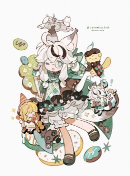 2girls :d absurdres animal_ear_fluff animal_ears black_hair black_shoes bright_pupils brown_shirt chibi commission dog_ears dog_girl dog_tail elbow_gloves fang fingerless_gloves full_body glasses gloves green_eyes highres kanae_(cookie) long_hair multicolored_hair multiple_girls multiple_views open_mouth original sample_watermark shirt shoes short_sleeves shorts simple_background skin_fang smile standing standing_on_one_leg streaked_hair tail twitter_username two-tone_hair watermark white_background white_gloves white_hair white_pupils white_shorts