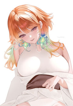1girl breasts commentary earrings feather_earrings feathers gradient_hair green_feathers green_hair halter_leotard halterneck highres hololive hololive_english japanese_clothes jewelry kimono large_breasts leotard leotard_under_clothes long_hair looking_at_viewer lyusiola multicolored_hair off_shoulder orange_hair purple_eyes simple_background solo takanashi_kiara virtual_youtuber white_background white_kimono white_leotard