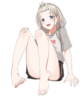 Rule 34 | 1girl, absurdres, bangs pinned back, bare legs, barefoot, black shorts, blush, feet, grey hair, highres, idolmaster, idolmaster shiny colors, knees up, looking at viewer, qaqyes re, raglan sleeves, serizawa asahi, short sleeves, shorts, simple background, sitting, smile, solo, toes, white background