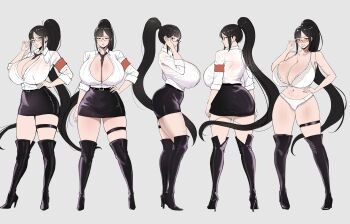 absurdres adjusting_eyewear armband ass back belt between_breasts black_boots black_eyes black_hair black_necktie blush boots bra breasts cleavage full_body glasses hand_on_own_hip high_ponytail highres huge_breasts long_hair looking_at_viewer multiple_views necktie necktie_between_breasts original panties partially_unbuttoned pencil_skirt ponytail puzenketsu shirt simple_background skindentation skirt standing tai_(puzenketsu) thigh_boots thigh_strap underwear underwear_only very_long_hair white_bra white_panties white_shirt