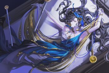 1girl armpits arms_up black_hair blue_dress blue_veil bracelet commentary_request dress evening_gown feet_out_of_frame from_above gold_cape hair_spread_out highres idarong insect_pin isolde_(reverse:1999) isolde_(the_last_fluttering_beat)_(reverse:1999) jewelry korean_commentary long_dress long_hair looking_at_viewer lying official_alternate_costume on_back picture_frame profile purple_eyes reverse:1999 sleeveless sleeveless_dress smile solo two-tone_dress veil very_long_hair white_dress