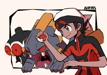 1boy absurdres brendan_(pokemon) brown_hair claydol closed_mouth commentary_request exploud gen_3_pokemon grey_eyes hat highres holding holding_poke_ball male_focus nintendo nostrils open_mouth ottoyamaotoko8 poke_ball poke_ball_(basic) pokemon pokemon_(creature) pokemon_oras red_hat red_shirt shirt short_hair short_sleeves smile teeth tongue upper_body uvula