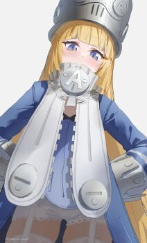 Rule 34 | 1girl, blonde hair, blue jacket, commentary, cryne, garter straps, grey hat, hands on own hips, hat, highres, jacket, long hair, looking at viewer, norma (zenless zone zero), purple eyes, shako cap, simple background, solo, standing, thighhighs, white garter straps, white thighhighs, zenless zone zero
