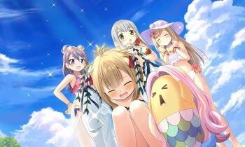 4girls aika_himena aika_himena_(swimsuit_costume) artist_request bare_legs bare_shoulders bead_bracelet bead_necklace beads bikini blonde_hair blue_sky blunt_ends blush_stickers bracelet brown_hair closed_eyes cloud creature curious dutch_angle eyewear_on_head feet_out_of_frame fern floral_print flower flustered frilled_bikini frills game_cg gold_bracelet gold_tiara gradient-tinted_eyewear green-tinted_eyewear green_eyes grey_hair hair_flower hair_ornament hair_ribbon hairpin hand_on_own_chin hands_on_own_head happy hat japanese_clothes jewelry kagura_san kagura_san_(swimsuit_costume) kimono knees_up kurusu_alexandra kurusu_alexandra_(swimsuit_costume) lace lace-trimmed_kimono lace-trimmed_sleeves lace_trim light_rays long_hair long_sleeves magia_record:_mahou_shoujo_madoka_magica_gaiden mahou_shoujo_madoka_magica mismatched_bikini multicolored_hair multiple_girls multiple_hairpins necklace official_alternate_costume official_art one-piece_swimsuit open_mouth pink-tinted_eyewear pink_bikini pink_flower pink_hair pink_ribbon ponytail purple-tinted_eyewear purple_bikini purple_hair red_flower ribbon ring satori_kagome satori_kagome_(100_demons_ver.) short_hair_with_long_locks short_ponytail sidelocks sitting sky sparkle stomach straight_hair streaked_hair sun_hat sunglasses sunlight swimsuit tinted_eyewear tree very_long_hair waist_ribbon wavy_mouth white-framed_eyewear white_bikini white_hair white_kimono white_one-piece_swimsuit white_ribbon wide_sleeves yellow_flower