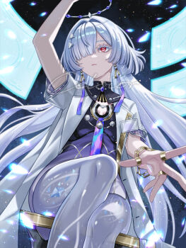 1girl arm_up breasts cinquecento cleavage colored_eyelashes commentary_request dress earrings feet_out_of_frame grey_hair hair_intakes hair_ornament hair_over_one_eye halo holographic_interface id_card jacket jewelry long_hair mornye_(wuthering_waves) parted_lips partial_commentary purple_dress red_eyes see-through_body signature small_breasts solo triangle_earrings white_jacket wuthering_waves