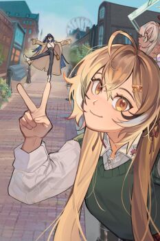 3girls ahoge alternate_costume alternate_hairstyle berry blonde_hair blue_hair blunt_bangs bow bow_earrings brick_road brown_coat brown_eyes brown_hair bush coat dark-skinned_female dark_skin denim dress_shirt earrings eus_ing ferris_wheel fingernails green_sweater_vest hair_intakes hair_ornament hair_ribbon high-waist_pants high_heels hime_cut hololive hololive_english jeans jewelry light_brown_hair limiter_(tsukumo_sana) long_hair looking_at_viewer multicolored_hair multiple_girls nanashi_mumei official_alternate_costume ouro_kronii ouro_kronii_(casual) pants path planet_hair_ornament ribbon road selfie shirt sidelocks smile streaked_hair sweater_vest town tree tsukumo_sana twintails v very_long_hair virtual_youtuber white_shirt