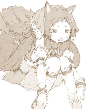 Rule 34 | 1girl, abara heiki, acorn, animal ears, bloomers, long hair, low-tied long hair, monochrome, open mouth, princess connect!, rin (princess connect!), simple background, sitting, solo, squirrel ears, squirrel girl, sweat, teeth, underwear, upper body, upper teeth only, very long hair, white background