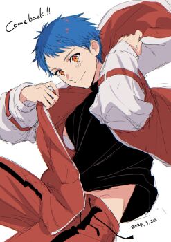 1boy akua black_shirt blue_hair closed_mouth commentary_request cowboy_shot dated hands_up highres ichijou_shin jacket king_of_prism long_sleeves looking_at_viewer male_focus open_clothes open_jacket pants pretty_rhythm pretty_series red_eyes red_jacket red_pants shirt short_hair simple_background sitting smile solo