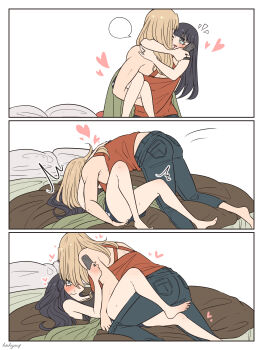 2girls barefoot black_hair black_pants black_shorts black_tank_top blank_speech_bubble blonde_hair blush commentary_request heart highres hoshizora_no_shita jewelry long_hair multiple_girls original pants purple_eyes red_shirt ring shirt shorts speech_bubble sweat tank_top wedding_ring wife_and_wife yuri