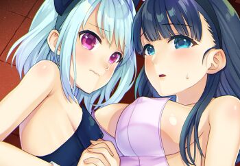2girls anma aqua_eyes black_hairband blue_eyes blue_hair blunt_bangs blush breasts closed_mouth commentary_request covered_erect_nipples from_above hairband half-closed_eyes haruka_(mukuchi_shoujo) highres holding_hands iya_dato_ienai_jimikei_shoujo large_breasts leotard lips long_hair lying mino_(iya_dato_ienai_jimikei_shoujo) mukuchi_shoujo_no_chikan_higai multiple_girls on_side purple_eyes sidelocks small_breasts strapless strapless_leotard sweat tareme upper_body wavy_mouth wince