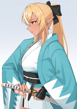 1girl absurdres aqua_jacket armor blonde_hair bow breasts dark-skinned_female dark_skin fighting_stance from_side grey_background hair_bow hand_on_sheath high_ponytail highres holding holding_sword holding_weapon hololive jacket japanese_armor japanese_clothes kimono kote kuon_bb large_breasts multicolored_hair obi pleated_skirt ponytail ready_to_draw red_eyes sash serious sheath sheathed shinsengumi shiranui_flare simple_background skirt solo streaked_hair sword virtual_youtuber weapon white_hair white_kimono