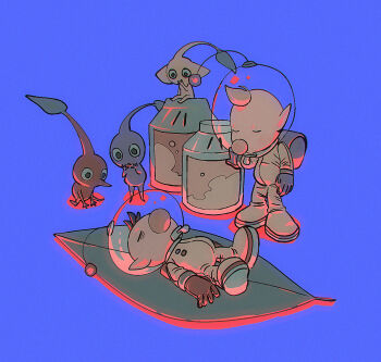 Rule 34 | 2boys, backpack, bag, bags under eyes, big nose, black eyes, blonde hair, blue background, blue bag, blue gloves, blue pikmin, blue skin, brown hair, buttons, closed eyes, colored shadow, colored skin, gloves, hand on own chin, hands on own cheeks, hands on own face, helmet, highres, jar, juice, leaf, looking at another, louie (pikmin), lying, male focus, multiple boys, nintendo, no mouth, olimar, on back, on leaf, oversized food, oversized object, pikmin (creature), pikmin (series), pikmin 3, pointy ears, pointy nose, radio antenna, red bag, red gloves, red pikmin, red skin, shadow, short hair, simple background, sitting, space helmet, spacesuit, triangle mouth, unconscious, very short hair, whistle, yellow pikmin, yellow skin, yu pikmin