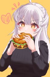 Rule 34 | + +, 1girl, absurdres, avatar 2.0 project, blush, burger, eating, food, heart, highres, holding, holding burger, holding food, long hair, long sleeves, machina4433, makino monaka, solo, sweater, virtual youtuber, white hair, yellow background, yellow eyes