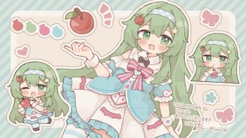 Rule 34 | 1girl, :d, ;d, ahoge, apple, apple hair ornament, bare shoulders, black bow, black bowtie, blue border, blue hairband, blue shirt, blue thighhighs, blush, border, borrowed character, bow, bowtie, checkered hairband, chibi, closed mouth, colon br, commentary request, commission, cowboy shot, double-parted bangs, food, food-themed hair ornament, frilled skirt, frilled sleeves, frills, fruit, green eyes, green hair, hair intakes, hair ornament, hairband, hand up, highres, long hair, looking at viewer, multiple views, one eye closed, open mouth, original, outline, outside border, pink bow, pink bowtie, shirt, short sleeves, skeb commission, skirt, smile, striped border, striped bow, striped bowtie, striped clothes, striped thighhighs, thighhighs, twitter username, watermark, white outline, white skirt, wrist cuffs