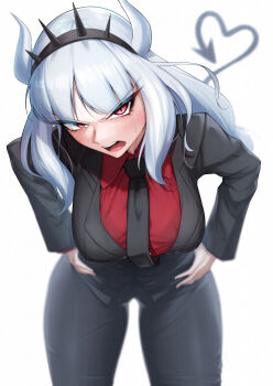 1girl absurdres angry black_jacket black_necktie black_pants breasts crown demon_girl demon_horns demon_tail duplicate hands_on_own_hips helltaker highres horns jacket large_breasts leaning_forward long_hair lucifer_(helltaker) mikage_77777 necktie pants pixel-perfect_duplicate red_eyes red_shirt shirt tail white_background white_horns