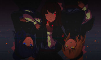 1girl alternate_costume belt black_skirt black_vest blonde_hair blue_eyes blue_hair blue_nails closed_mouth commentary crossed_arms furahata_gen glowing_nails hair_between_eyes hair_ornament heartbeat hecatia_lapislazuli hecatia_lapislazuli_(earth) hecatia_lapislazuli_(moon) highres long_sleeves looking_at_viewer medium_hair multiple_persona one_eye_closed open_mouth planet_hair_ornament red_belt red_eyes red_hair red_nails shirt skirt sleeve_cuffs smile solo swept_bangs touhou vest white_shirt yellow_eyes yellow_nails