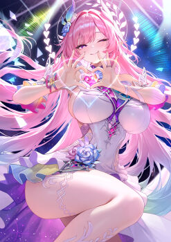 1girl ;) absurdres breasts commentary cyrene_(honkai:_star_rail) cyrene_(ripples_of_past_reverie)_(honkai:_star_rail) diamond-shaped_pupils diamond_(shape) dress flower four-finger_heart_hands hair_flower hair_ornament halo heart heart_hands highres honkai:_star_rail honkai_(series) large_breasts long_hair looking_at_viewer meion one_eye_closed pink_hair purple_eyes smile solo symbol-shaped_pupils thighs very_long_hair white_dress