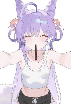 1girl absurdres ahoge bare_arms bare_shoulders blush closed_eyes commentary_request cone_hair_bun crop_top dolphin_shorts drawstring flat_chest food food_in_mouth fox_tail hair_bun hair_ornament hair_rings highres long_hair midriff multicolored_hair navel nbee_ya pocky pocky_in_mouth pom_pom_(clothes) pom_pom_hair_ornament purple_hair shirt short_shorts shorts simple_background sleeveless sleeveless_shirt solo stellive stomach streaked_hair tail tenko_shibuki thighs upper_body very_long_hair virtual_youtuber white_background white_hair white_shirt white_streaks