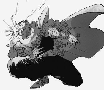 1boy cape dragon_ball dragonball_z full_body grey_background greyscale highres living_(nsiring) makankousappou male_focus monochrome no_eyebrows powering_up simple_background solo