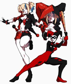 1girl absurdres baseball_bat black_footwear black_gloves blonde_hair blue_eyes blue_hair bodysuit bracelet breasts cleavage clown club club_(weapon) collar collarbone colored_skin crazy_smile dc_comics dressing eyeshadow fingerless_gloves full_body gloves harley_quinn harley_quinn_(suicide_squad_isekai) highres holding holding_baseball_bat jacket jewelry kekel looking_at_viewer low_twintails makeup medium_breasts messy_hair multicolored_hair multicolored_jacket multiple_views official_alternate_costume open_clothes open_jacket red_eyeshadow red_hair red_lips smile spiked_bracelet spiked_club spikes suicide_squad suicide_squad_isekai twintails weapon white_background white_skin