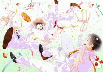 3boys apple_pie black_hair black_shoes blonde_hair blue_eyes blue_shirt brothers brown_shoes cake candy cup donut falling falling_petals food fork freckles full_body hat highres male_focus monkey_d._luffy muffin multiple_boys nanana43a necktie one_piece petals pie pink_petals portgas_d._ace sabo_(one_piece) scar scar_on_face shirt shoes short_hair siblings smile straw_hat yellow_necktie