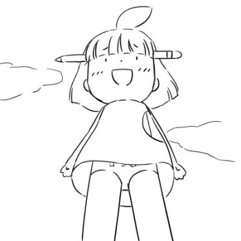 1girl animated animated_gif blush clothes_writing cloud dress from_below loli monochrome open_mouth original panties pencil ponytail short_hair sketch sky sleeveless sleeveless_dress smile standing underwear upskirt wind wind_lift yamanokonza