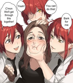 4girls artist_self-insert black_eyes black_necktie black_shirt blouse blush braid braided_ponytail breasts brown_eyes brown_gloves brown_hair chainsaw_man collared_shirt commentary english_commentary english_text eyepatch fingerless_gloves forehead glasses gloves hair_between_eyes han_soo-min_(hanny) hanny_(uirusu_chan) highres hina_tachibana_(hanny) in-franchise_crossover makima_(chainsaw_man) medium_breasts medium_hair multiple_girls necktie open_mouth original parted_lips red_hair shirt sidelocks simple_background smile speech_bubble t-shirt trait_connection upper_body white_background white_shirt yellow_eyes