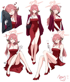 ! 1boy 1girl absurdres acan_(gskj8822) alcohol aru_(blue_archive) aru_(dress)_(blue_archive) bag bare_shoulders black_bag blue_archive breasts brown_horns champagne_flute cleavage closed_mouth commentary_request cup dated dress drinking_glass drooling drunk evening_gown full_body gloves halo hand_on_own_chest handbag head_on_another's_shoulder heart high_heels highres holding holding_cup horns jacket jacket_on_shoulders jewelry knees_up large_breasts locked_arms long_hair looking_at_viewer mouth_drool multiple_views necklace official_alternate_costume open_mouth pink_hair pink_halo pumps red_dress red_jacket red_shoes shoes signature simple_background sitting sleeping sleeping_on_person smile squeans strapless strapless_dress white_background white_gloves wine yellow_eyes zzz