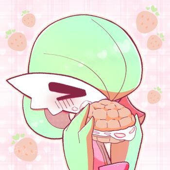 >_< 1girl artist_name blush bob_cut closed_eyes colored_skin cream eating female_focus flat_chest food food_on_face gardevoir gen_3_pokemon green_hair green_skin hair_over_one_eye hands_up heart heart_background holding holding_food multicolored_skin nintendo one_eye_covered outline pink_background pink_outline plaid_background pokemon pokemon_(creature) short_hair signature solo strawberry_background two-tone_skin upper_body white_skin yuri_(fl0werspace)