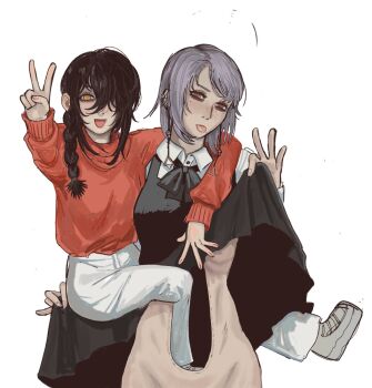2girls black_dress black_hair braid braided_ponytail chainsaw_man clothes_lift collared_shirt death_devil_(chainsaw_man) deep_wound dress dress_lift earrings fami_(chainsaw_man) fourth_east_high_school_uniform grey_hair hair_over_one_eye highres injury jewelry lifting_own_clothes long_hair looking_at_viewer medium_hair multiple_girls nayuta_(chainsaw_man) orange_eyes pagansp1der pants pinafore_dress red_sweater ringed_eyes school_uniform shirt simple_background sleeveless sleeveless_dress sweater v white_background white_pants white_shirt yellow_eyes