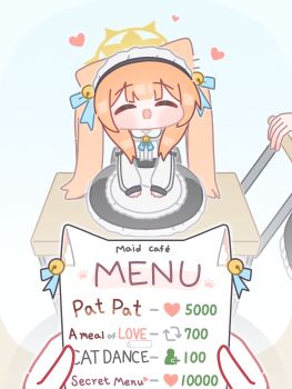 2girls absurdres animal_ears apron bell black_dress blue_archive blunt_bangs chibi commentary_request dress english_text hair_bell hair_ornament halo heart highres holding holding_menu horuhara jingle_bell korean_commentary long_hair long_sleeves maid_headdress mari_(blue_archive) menu multiple_girls neck_bell no_nose open_mouth orange_hair pov pov_hands puffy_long_sleeves puffy_sleeves sleeves_past_wrists smile solo_focus twintails very_long_hair white_apron yellow_halo