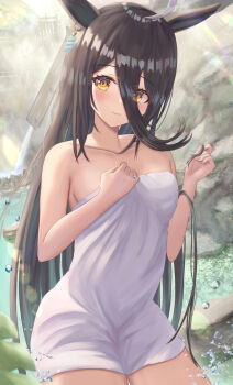 Rule 34 | 1girl, ahoge, animal ears, bare shoulders, black hair, blush, breasts, cleavage, collarbone, commentary request, ear tag, earrings, hair between eyes, highres, horse ears, horse girl, jewelry, long bangs, long hair, long hair between eyes, looking at viewer, manhattan cafe (umamusume), medium breasts, multicolored hair, naked towel, no tail, onsen, outdoors, parted lips, single earring, sitting, solo, thurumu, towel, umamusume, very long hair, water, white hair, yellow eyes