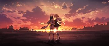 2girls ahoge animal_ear_fluff animal_ears armband artist_request belt belt_boots black_armband black_belt black_dress black_hair black_shirt black_skirt black_socks blonde_hair blunt_bangs boots closed_eyes closed_mouth cloud cloudy_sky coat coat_on_shoulders collared_shirt crescent crescent_hair_ornament crossed_arms dog_ears dog_girl dress full_body fur-trimmed_coat fur_trim game_cg hair_ornament haru_estia highres holding_another's_arm jacket last_origin lens_flare looking_at_viewer military_uniform miniskirt multiple_girls neckerchief necktie non-web_source official_art open_clothes open_jacket open_mouth outdoors pleated_skirt sailor_collar shirt short_hair skirt sky skyline smile socks soulworker spiked_sleeves sunset thick_eyebrows tongue v-shaped_eyebrows vargr_(last_origin) white_boots white_coat white_jacket white_sailor_collar white_skirt wide_shot yellow_eyes yellow_neckerchief yellow_necktie