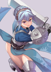 Rule 34 | 1girl, armor, armored boots, armored dress, blue dress, blue hair, blush, boots, braid, braided bun, breastplate, breasts, buckler, crown braid, dress, greatsword, hair bun, hairband, highres, large breasts, looking at viewer, medium hair, ono misao, open mouth, purple eyes, shield, sidelocks, smile, solo, sword, thighs, unicorn overlord, virginia (unicorn overlord), weapon