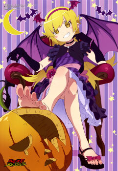 1girl absurdres armchair bat_background black_choker black_gloves blonde_hair blush_stickers bow bracelet chair choker collarbone copyright_logo crossed_legs dress dress_flower elbow_gloves feet flower footwear_bow full_body gloves grin hairband halloween halloween_costume hand_up high_heel_sandals high_heels highres holding holding_sandals holding_unworn_clothes jewelry logo long_hair magazine_scan megami_magazine monogatari_(series) moon official_art on_chair oshino_shinobu pointy_ears pumpkin purple_background purple_dress purple_wings red_flower red_hairband sandals scan single_bare_foot sitting smile solo star_(symbol) star_symbol_background striped_background toenails toes translation_request winged_hairband wings yellow_eyes
