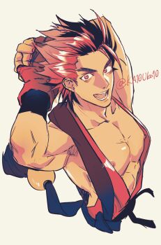 1boy abs fingerless_gloves gloves highres katou_teppei kazama_kazuki male_focus muscular muscular_male nipples pectorals red_eyes red_gloves red_hair samurai_spirits short_hair smile spiked_hair