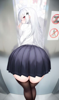 1girl absurdres ahoge ass bent_over black_thighhighs blue_skirt blush from_behind heart heart_ahoge highres long_hair long_sleeves looking_at_viewer looking_back niliu_chahui original pleated_skirt red_eyes school_uniform shirt skirt solo thighhighs tokisaki_mio_(niliu_chahui) white_hair white_shirt