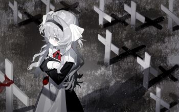 1cyaya1 1girl absurdres apron black_dress bow bowtie commentary cowboy_shot cross dress english_commentary grass graveyard headband highres ino_(1cyaya1) long_hair looking_down original parted_lips red_bow red_bowtie shadow solo spot_color tombstone