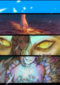 2girls bags_under_eyes bare_shoulders blonde_hair blood blood_on_ground blood_on_hands blue_eyes blue_sky body_fur chimera commentary day dungeon_meshi elf english_commentary eye_focus facing_viewer falin_touden falin_touden_(chimera) feathers giant glowing head_out_of_frame light_brown_hair long_hair looking_at_viewer looking_to_the_side marcille_donato monster_girl motion_blur multiple_girls open_mouth ordicanary out_of_frame outside_border parted_lips pavement pointy_ears ringed_eyes short_hair size_difference sky smile split_screen spoilers sunlight surprised wide-eyed winged_lion_(dungeon_meshi) yellow_eyes